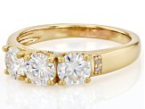 Moissanite And White Diamond 14k Yellow Gold Over Silver Three Stone Ring 1.52ctw DEW.