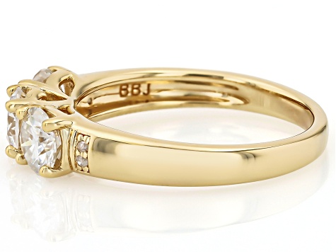 Moissanite And White Diamond 14k Yellow Gold Over Silver Three Stone Ring 1.52ctw DEW.