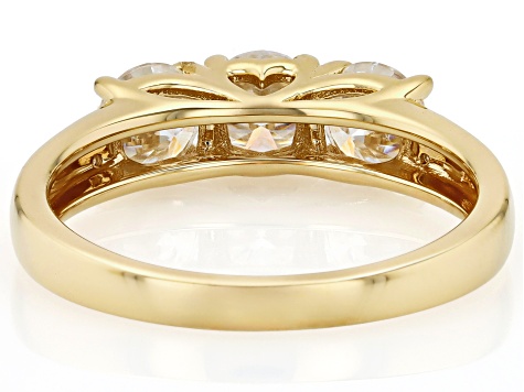 Moissanite And White Diamond 14k Yellow Gold Over Silver Three Stone Ring 1.52ctw DEW.