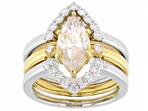Moissanite 14k Yellow Gold Over Silver Ring With Two Chevron Platineve Bands 2.60ctw DEW.