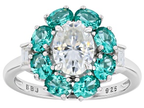 Moissanite with Lab Created Emerald Platineve Halo Ring 1.66ctw DEW