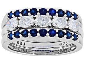Moissanite with Blue Lab Created Sapphire Platineve  Set of Three Stackable Rings 0.95ctw DEW