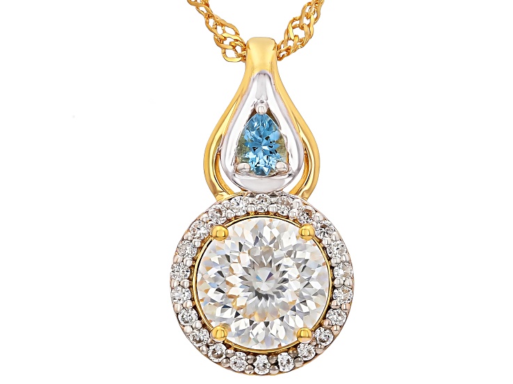 Portuguese Cut Moissanite With Ofiki Aquamarine 14K Yellow Gold Over Silver Pendant 2.32ctw DEW