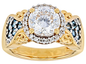 Portuguese Cut Moissanite and Ofiki Aquamarine 14K Yellow Gold Over Silver Ring 2.32ctw DEW