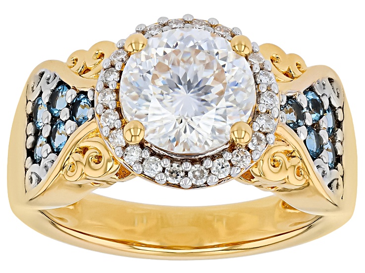 Portuguese Cut Moissanite and Ofiki Aquamarine 14K Yellow Gold Over Silver Ring 2.32ctw DEW