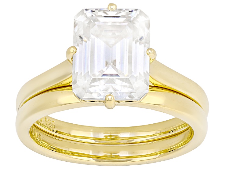 Emerald Cut Moissanite 14k Yellow Gold Over Silver Ring With Band 3.55ct DEW
