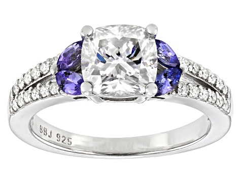 Moissanite and tanzanite platineve engagement ring 1.94ctw DEW