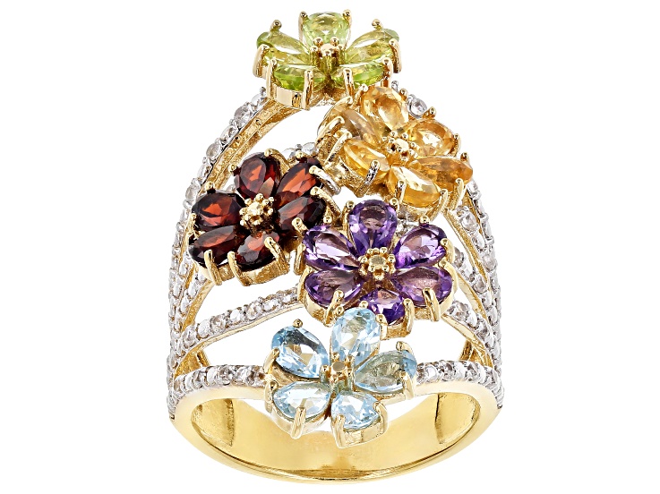 Multi-Gemstone 18k Yellow Gold Over Sterling Silver Ring