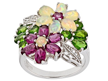 Picture of Opal, Magenta Rhodolite,Chrome Diopside, White Topaz Rhodium Over Silver Flower Ring 4.51ctw