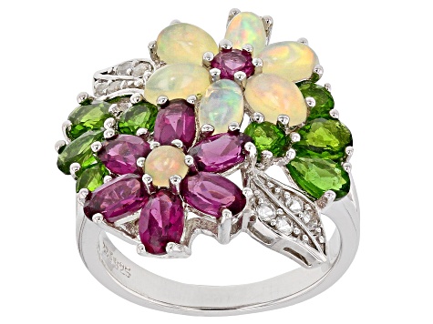 Opal, Magenta Rhodolite,Chrome Diopside, White Topaz Rhodium Over Silver Flower Ring 4.51ctw