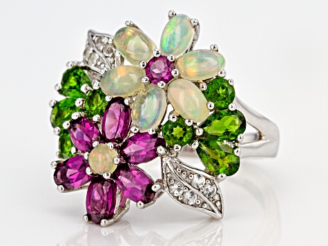 Opal, Magenta Rhodolite,Chrome Diopside, White Topaz Rhodium Over Silver  Flower Ring 4.51ctw - MJH037