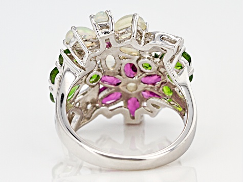 Opal, Magenta Rhodolite,Chrome Diopside, White Topaz Rhodium Over Silver  Flower Ring 4.51ctw - MJH037