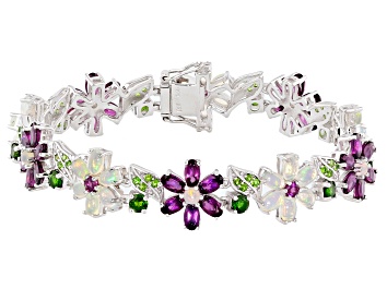 Picture of Multi-color Ethiopian Opal Rhodium Over Sterling Silver Floral Bracelet 14.19ctw