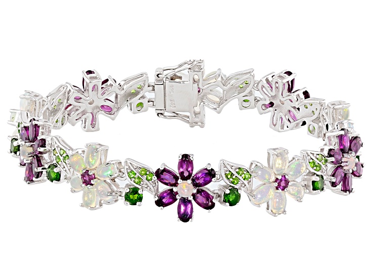 Multi-color Ethiopian Opal Rhodium Over Sterling Silver Floral Bracelet  14.19ctw