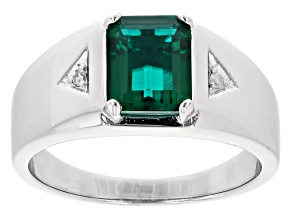 Green Lab Created Emerald Platinum Over Sterling Silver Men's Ring 1.94ctw