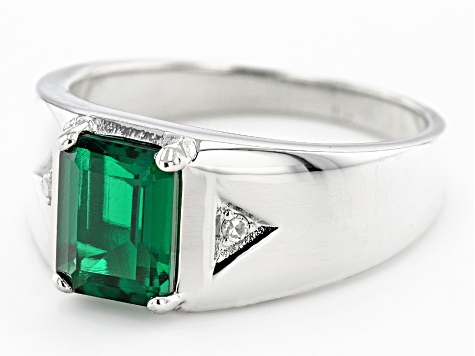 Green Lab Created Emerald Platinum Over Sterling Silver Men's Ring 1.94ctw