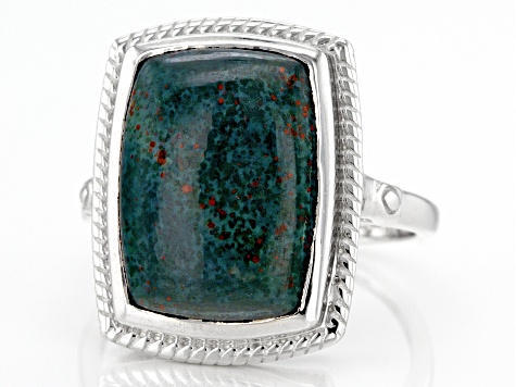 Green Bloodstone Rhodium Over Sterling Silver Men's Ring 18x13mm