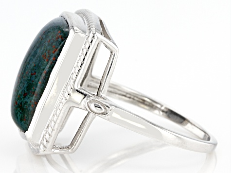 Green Bloodstone Rhodium Over Sterling Silver Men's Ring 18x13mm