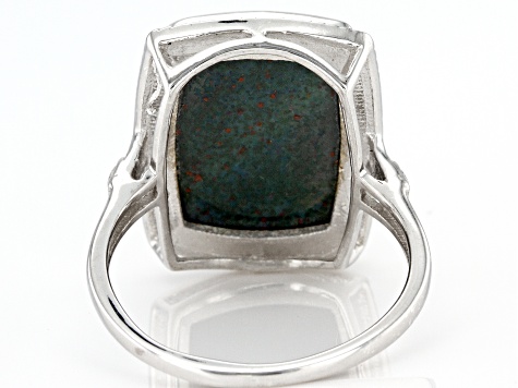 Green Bloodstone Rhodium Over Sterling Silver Men's Ring 18x13mm