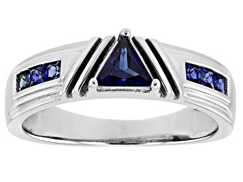 Picture of Blue Lab Created Sapphire Rhodium Over Sterling Silver Men's Ring 0.61ctw