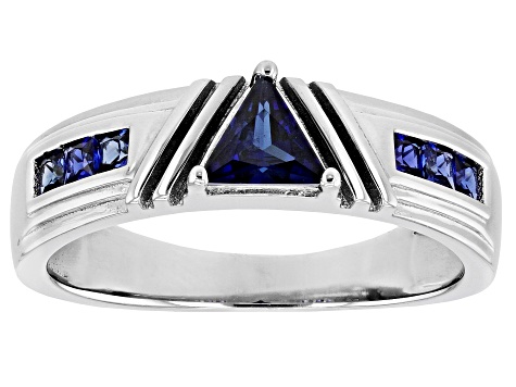 Blue Lab Created Sapphire Rhodium Over Sterling Silver Men's Ring 0.61ctw