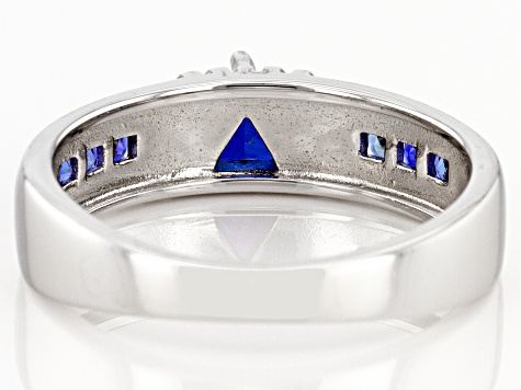 Blue Lab Created Sapphire Rhodium Over Sterling Silver Men's Ring 0.61ctw