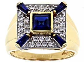 Blue Lab Created Sapphire 18k Gold Over Sterling Silver Men's Ring 1.61ctw