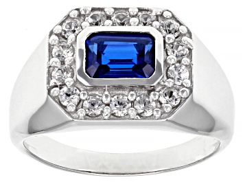 Picture of Blue Lab Created Spinel Rhodium Over Sterling Silver Men's Ring 2.54ctw