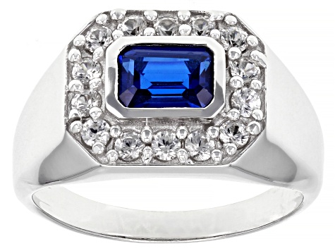 Blue Lab Created Spinel Rhodium Over Sterling Silver Men's Ring 2.54ctw