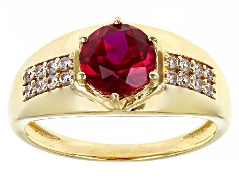 Red Lab Created Ruby 18k Yellow Gold Over Sterling Silver Men's Ring 2.40ctw