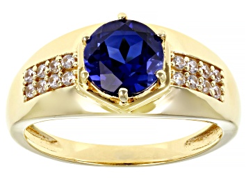 Picture of Blue Lab Created Sapphire 18k Yellow Gold Over Sterling Silver Men's Ring 2.40ctw