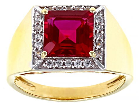 Red Lab Created Ruby 18k Yellow Gold Over Sterling Silver Men's Ring 3.88ctw