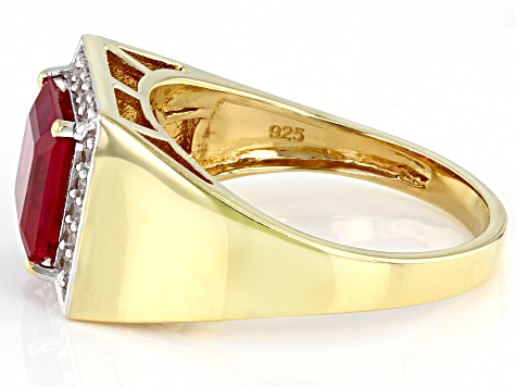 Red Lab Created Ruby 18k Yellow Gold Over Sterling Silver Men's Ring 3.88ctw