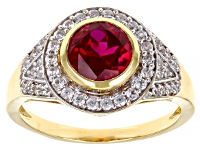 Red Lab Created Ruby 18k Yellow Gold Over Sterling Silver Men's Ring 2.83ctw