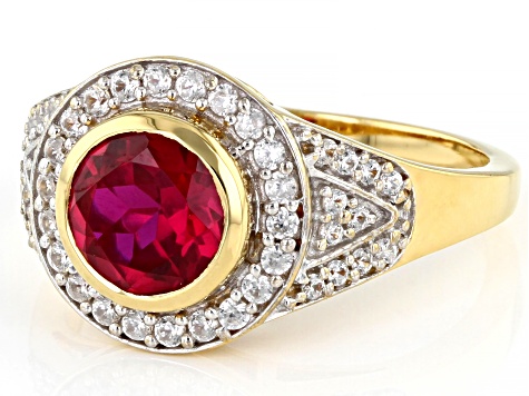 Red Lab Created Ruby 18k Yellow Gold Over Sterling Silver Men's Ring 2.83ctw