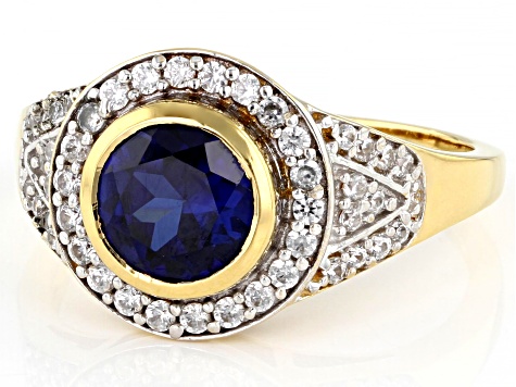Blue Lab Created Sapphire 18k Yellow Gold Over Sterling Silver Men's Ring 3.07ctw