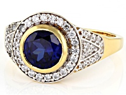 Blue Lab Created Sapphire 18k Yellow Gold Over Sterling Silver Men's Ring 3.07ctw