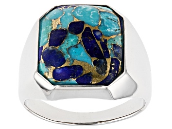 Picture of Blue Blended Composite Turquoise and Lapis Lazuli Rhodium Over Sterling Silver Men's Ring