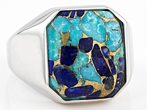 Blue Blended Turquoise and Lapis Lazuli Rhodium Over Sterling Silver Men's Ring
