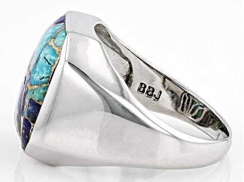 Blue Blended Turquoise and Lapis Lazuli Rhodium Over Sterling Silver Men's Ring