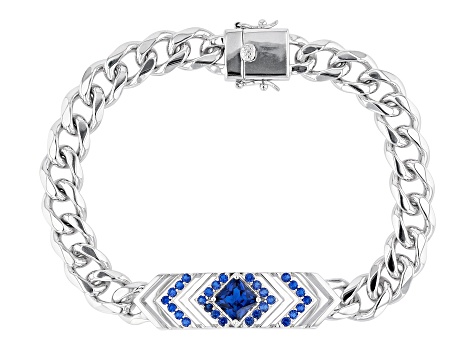 Blue Lab Created Spinel Rhodium Over Sterling Silver Men's Bracelet 2.69ctw