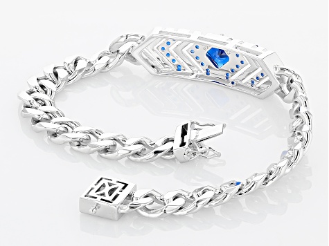 Blue Lab Created Spinel Rhodium Over Sterling Silver Men's Bracelet 2.69ctw