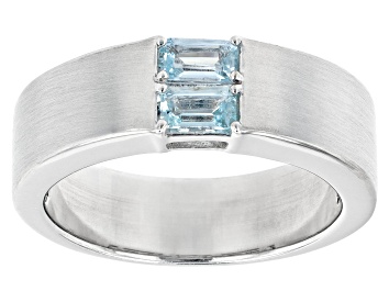 Picture of Blue Aquamarine Rhodium Over Sterling Silver Men's March Birthstone Ring 0.49ctw