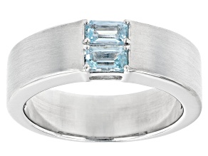 Blue Aquamarine Rhodium Over Sterling Silver Men's March Birthstone Ring 0.49ctw