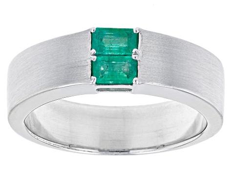 Green Emerald Rhodium Over Sterling Silver Matte Finish Men's May Birthstone Ring 0.48ctw