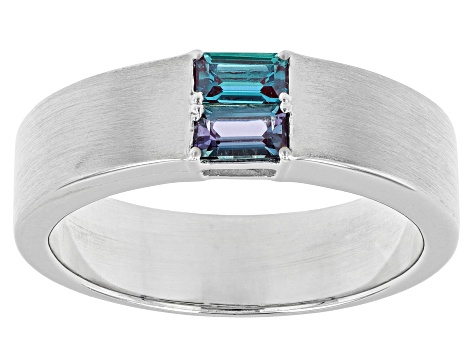 Blue Lab Alexandrite Rhodium Over Sterling Silver Matte Finish Men's June Birthstone Ring 0.64ctw