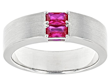 Picture of Red Lab Created Ruby Rhodium Over Sterling Silver Matte FinishMen's July Birthstone Ring 0.65ctw