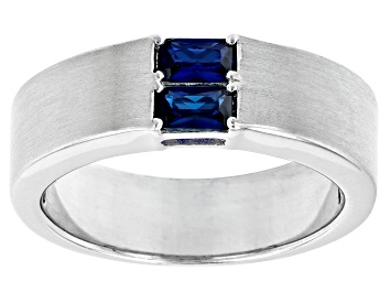 Picture of Blue Lab Created Sapphire Rhodium Over Silver Matte Finish Men's September Birthstone Ring 0.65ctw