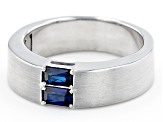 Blue Lab Created Sapphire Rhodium Over Silver Matte Finish Men's September Birthstone Ring 0.65ctw