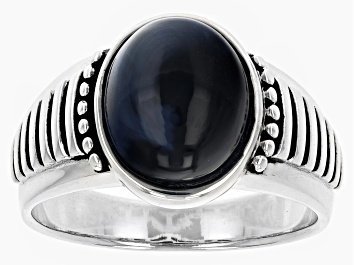 Picture of Blue Pietersite Rhodium Over Sterling Silver Men's Ring 12x10mm